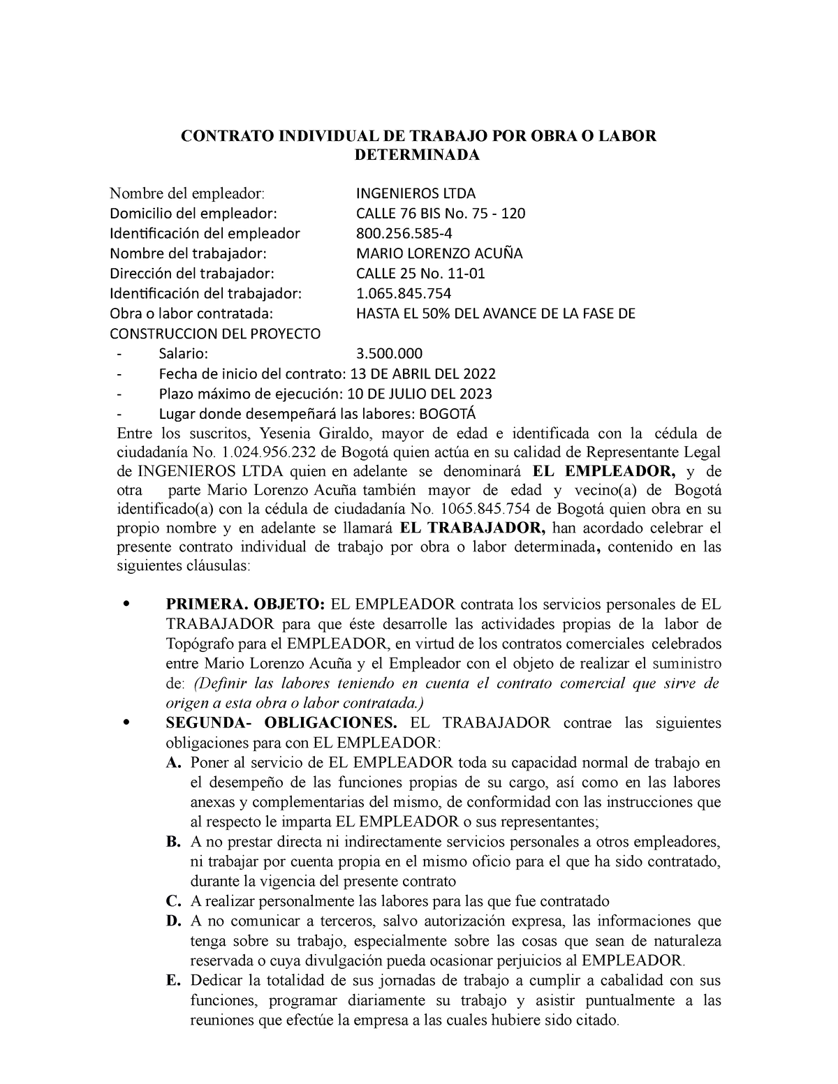 Contrato De Trabajo Por Obra O Labor Determinada Contrato Individual De Trabajo Por Obra O