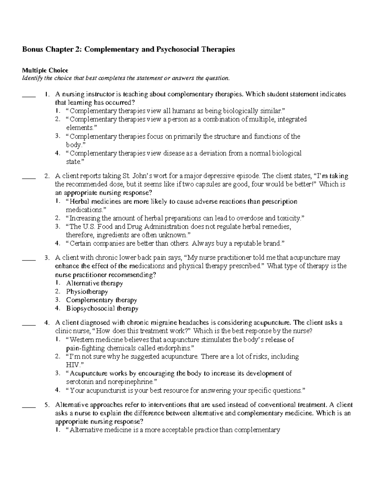 2022 Psych Test Bank Bonus Chapter 2 Complementary And Psychosocial ...