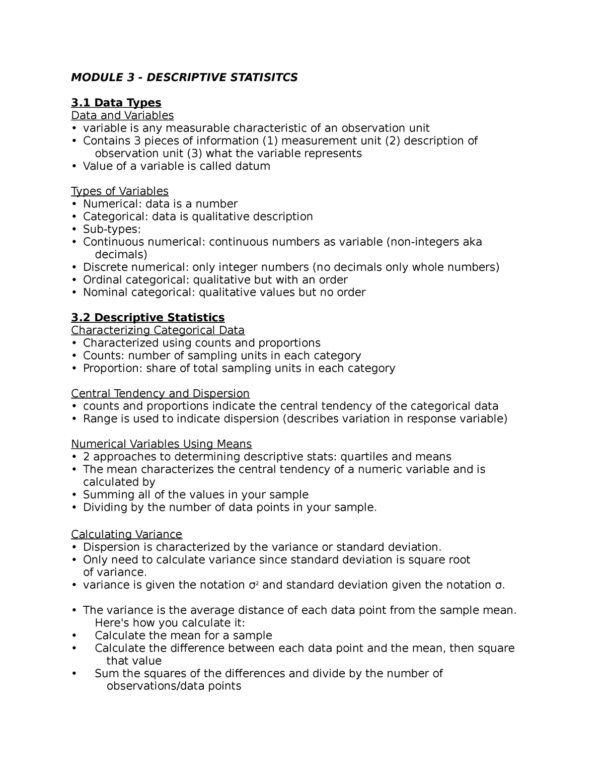 Module 3 Module 3 Descriptive Statisitcs 3 Data Types Data And Variables Variable Is Any Studocu