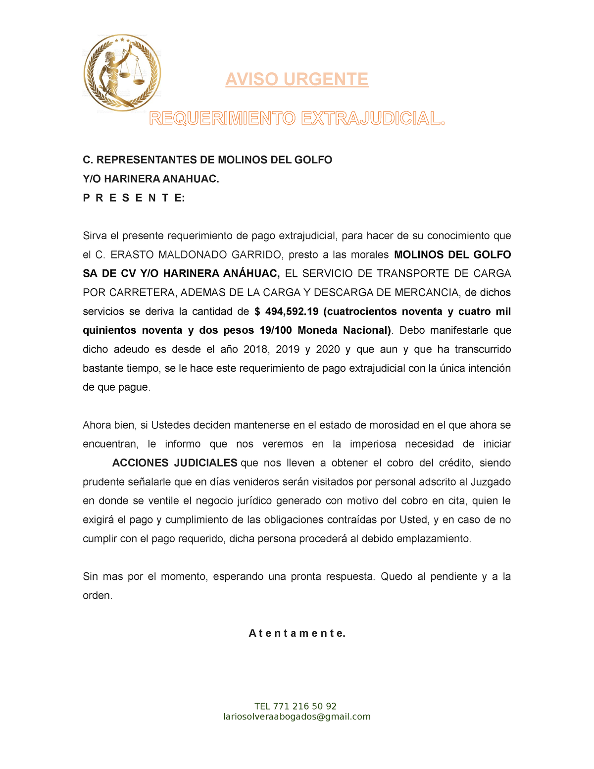 Requerimiento Extrajudicial - AVISO URGENTE REQUERIMIENTO EXTRAJUDICIAL ...