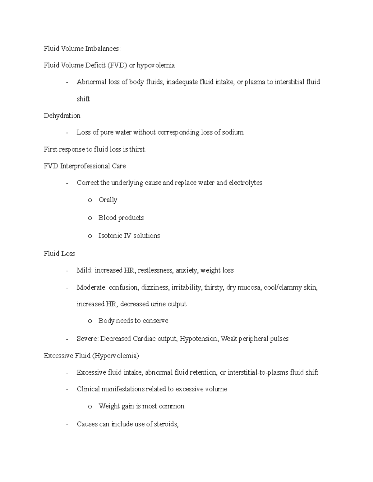 Fluid Volume Imbalances Fluid Volume Imbalances Fluid Volume Deficit