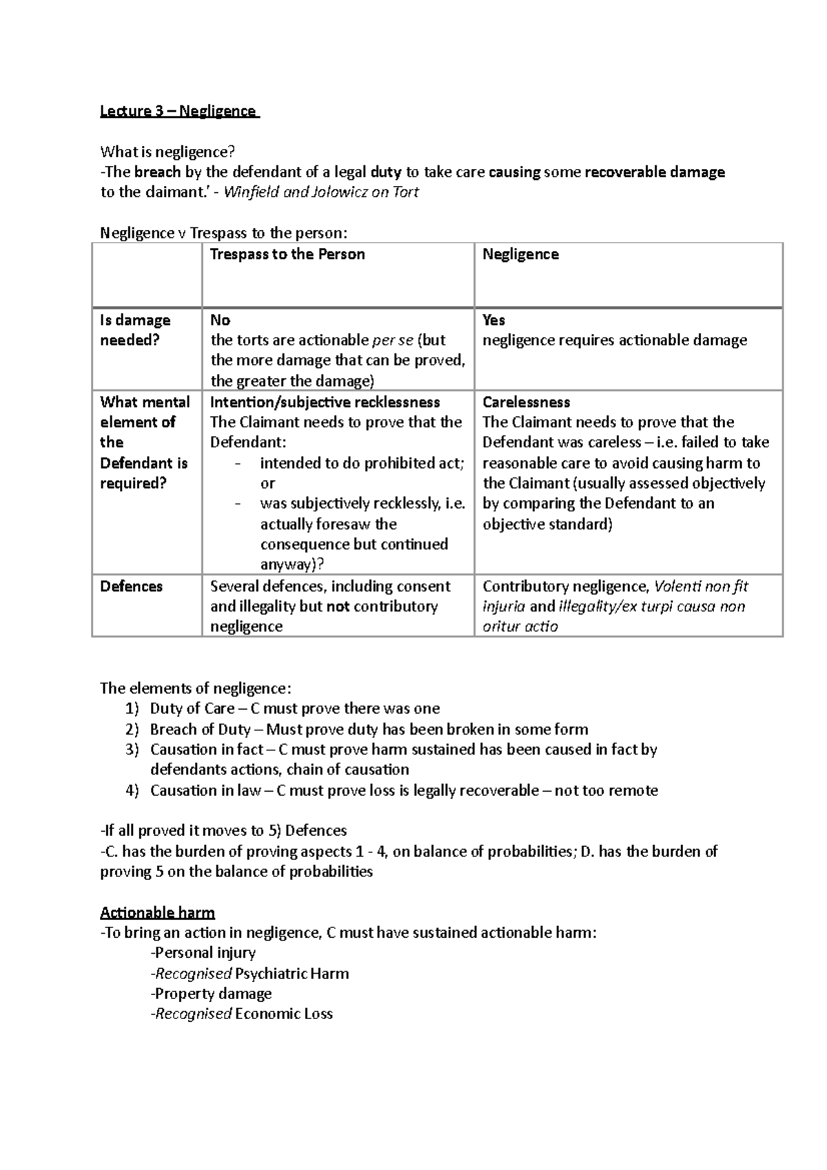 Lecture 3 - Negligence - Lecture 3 – Negligence What is negligence ...