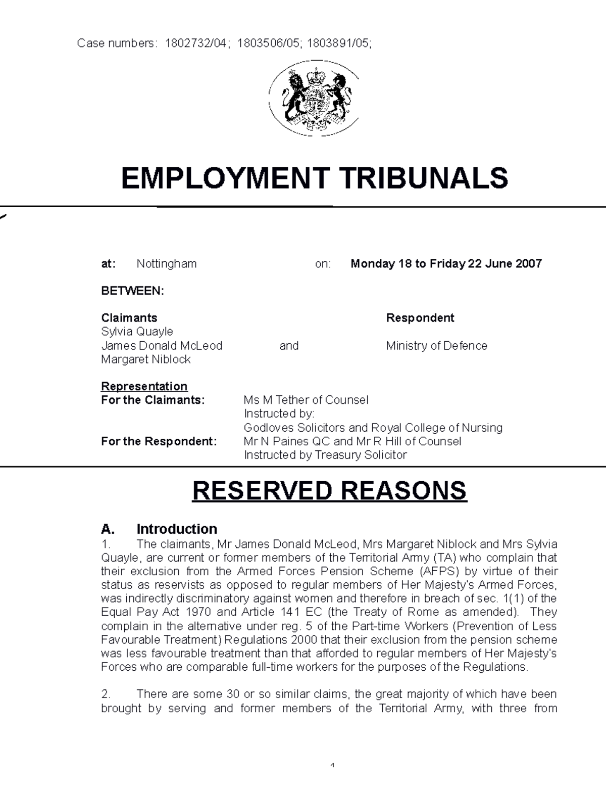 Ptwpkey judicial decisions18062007 EMPLOYMENT TRIBUNALS at
