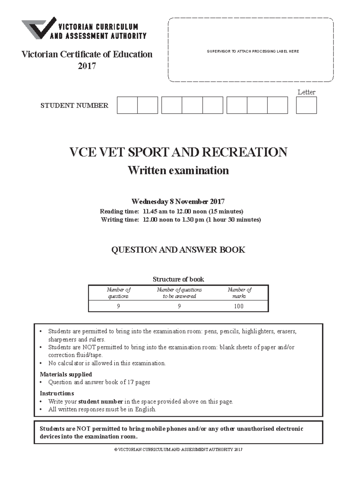 2017 vetsport-w - vcaa exam - VCE VET SPORT AND RECREATION Written ...