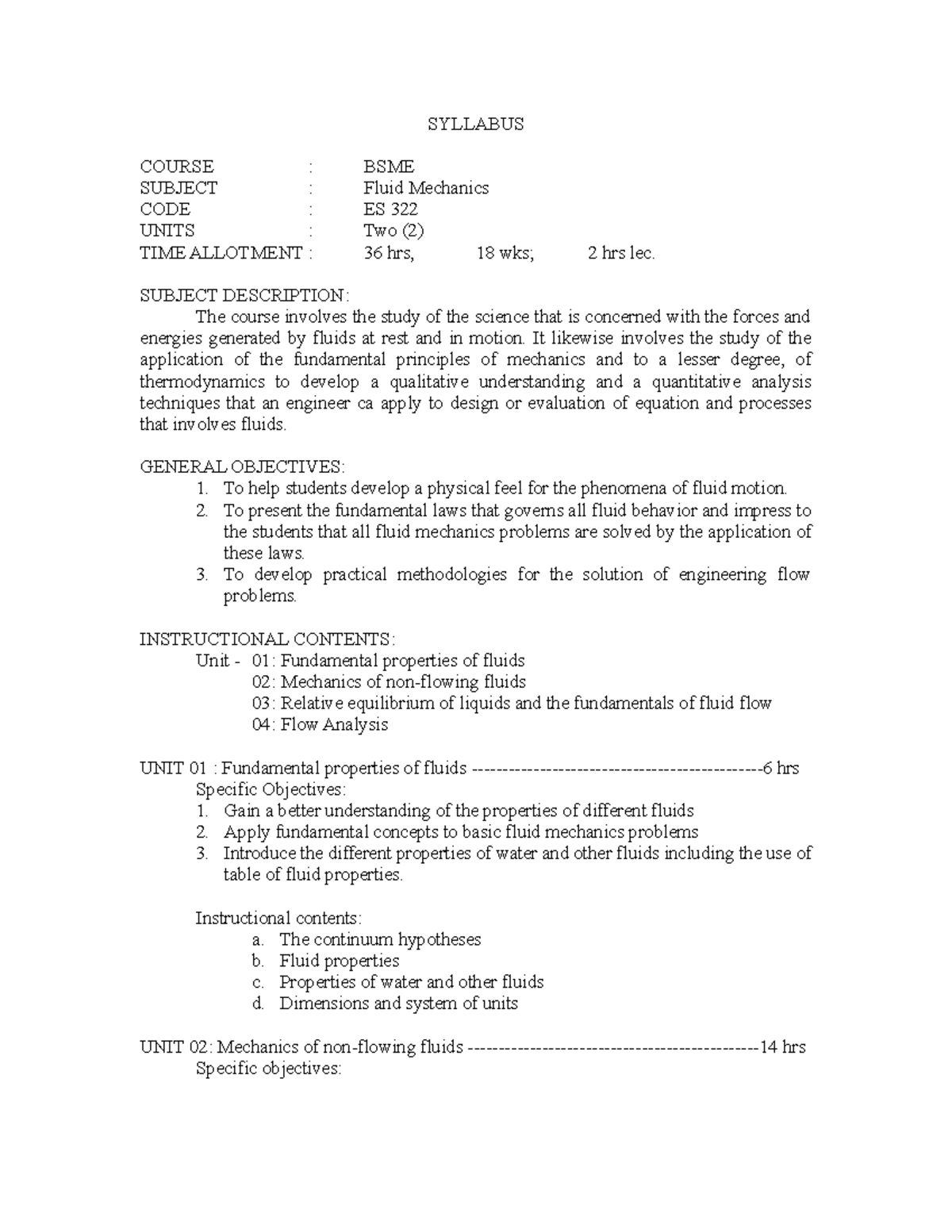 Syllabus Fluid Mechanics - SYLLABUS COURSE : BSME SUBJECT : Fluid ...