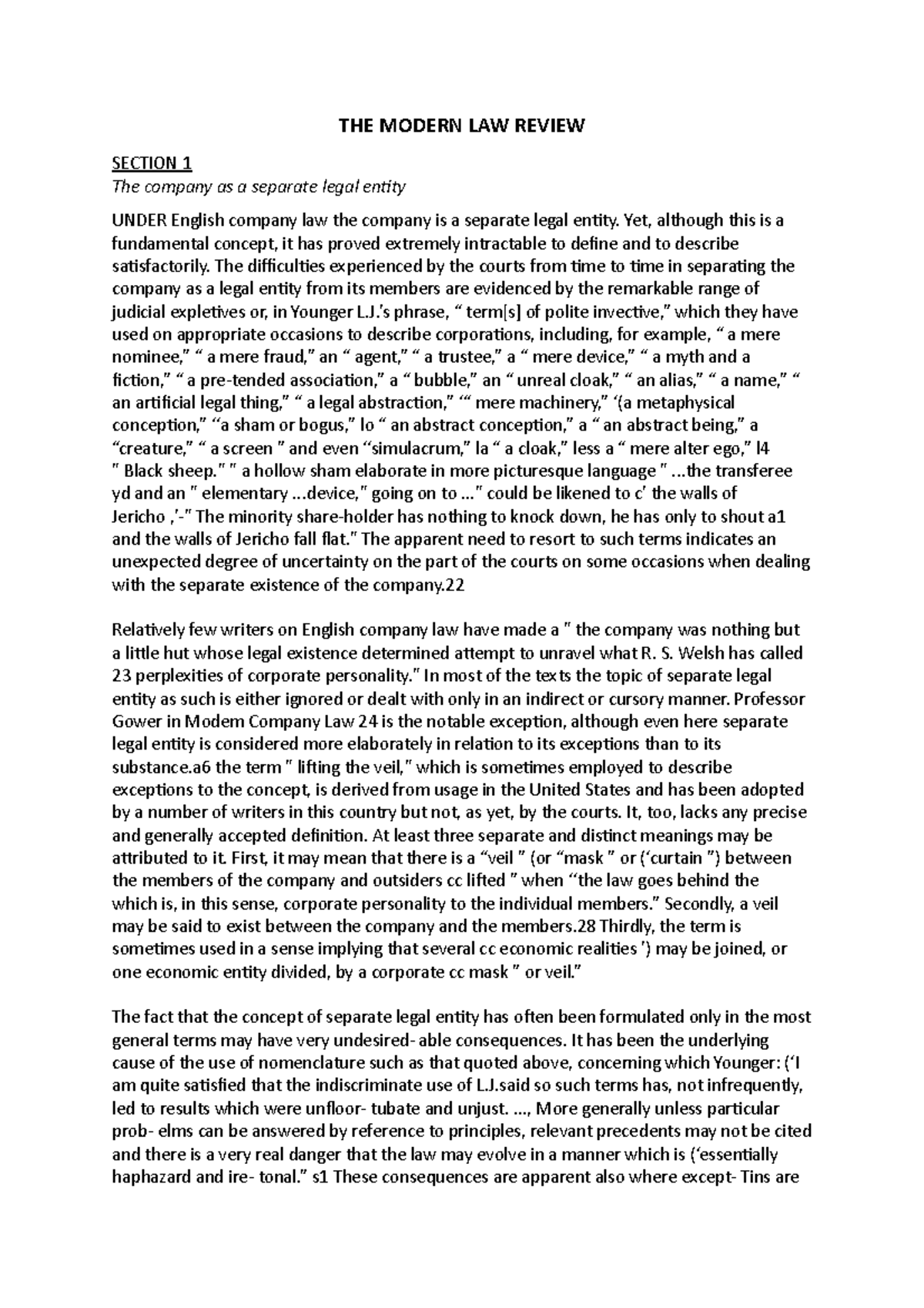 The Modern Law Review Section 1 The company as a separate legal