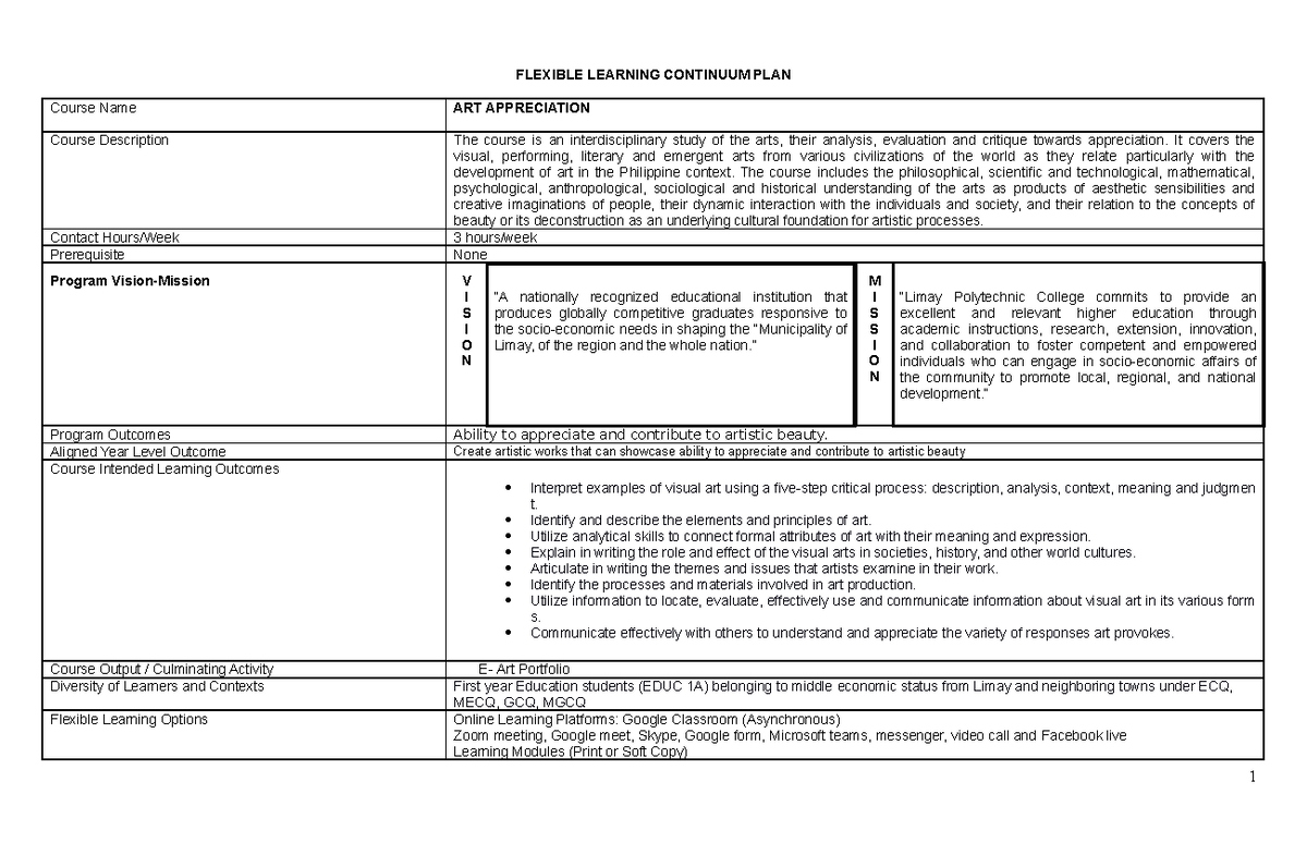 FLCP-ART-APP (EDUC 1A) - FLEXIBLE LEARNING CONTINUUM PLAN Course Name ...