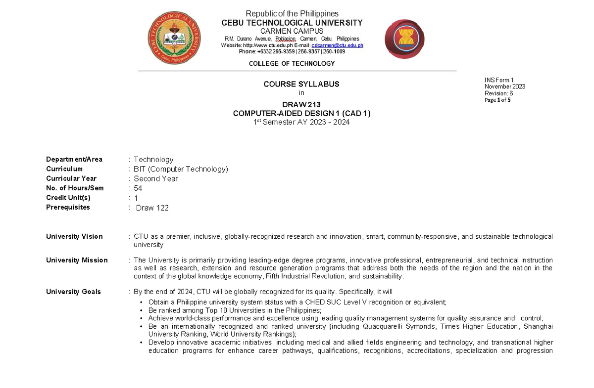DRAW 213 Syllabus INS Form 1 November 2023 Revision 6 Page 1 of 5