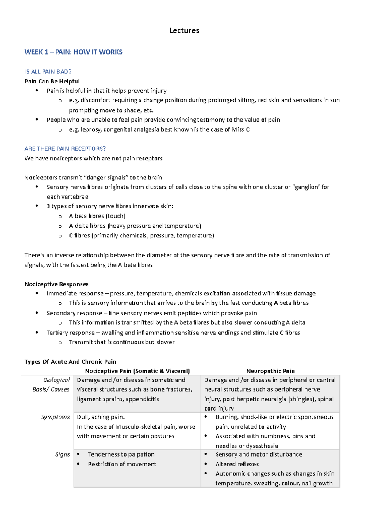 Lecture Notes - all 10 lectures in 1 document - Lectures WEEK 1 – PAIN ...