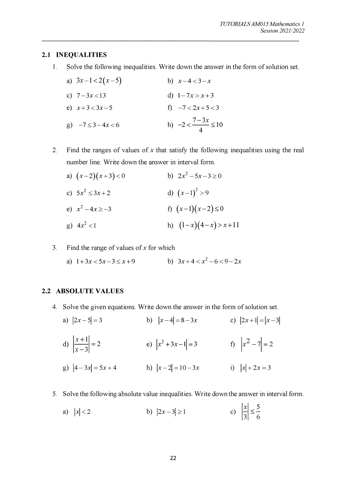 Tutorial Chap 2 Inequalities - TUTORIALS AM015 Mathematics 1 Session ...