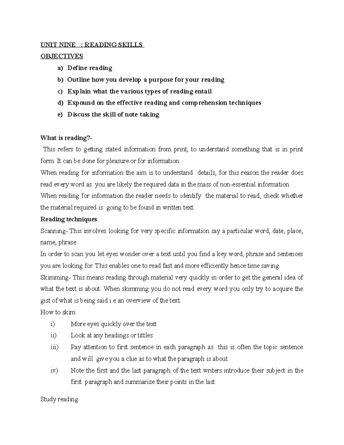 UNIT NINE reading and library skills - UNIT NINE : READING SKILLS ...