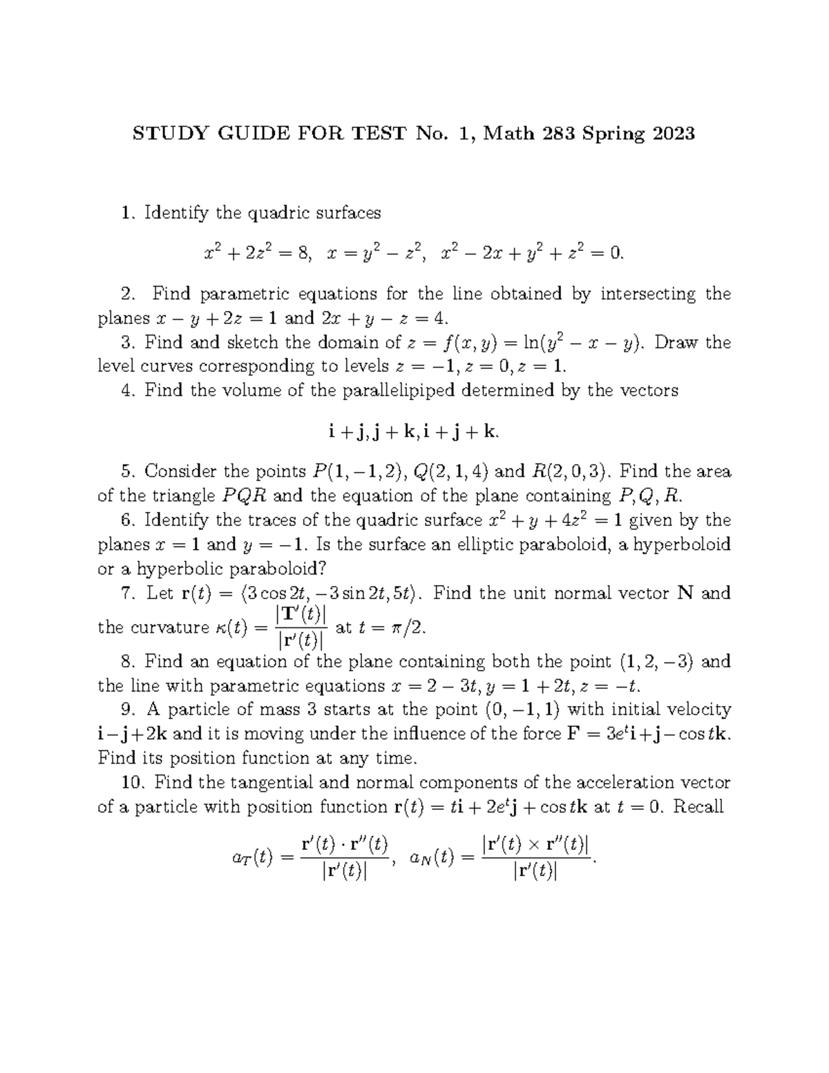 Study Guide 1 - Denacou - STUDY GUIDE FOR TEST No. 1, Math 283 Spring ...