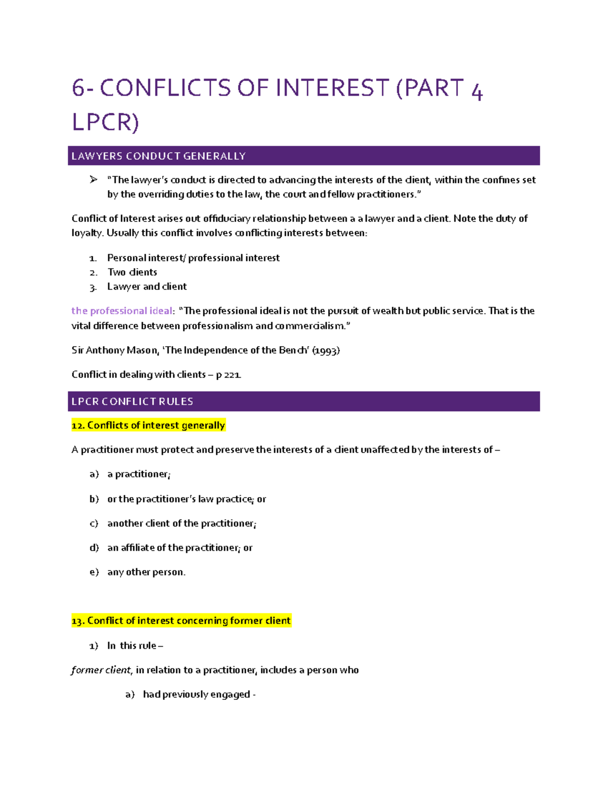 6 conflicts of interest between lawyer and client 6 CONFLICTS OF