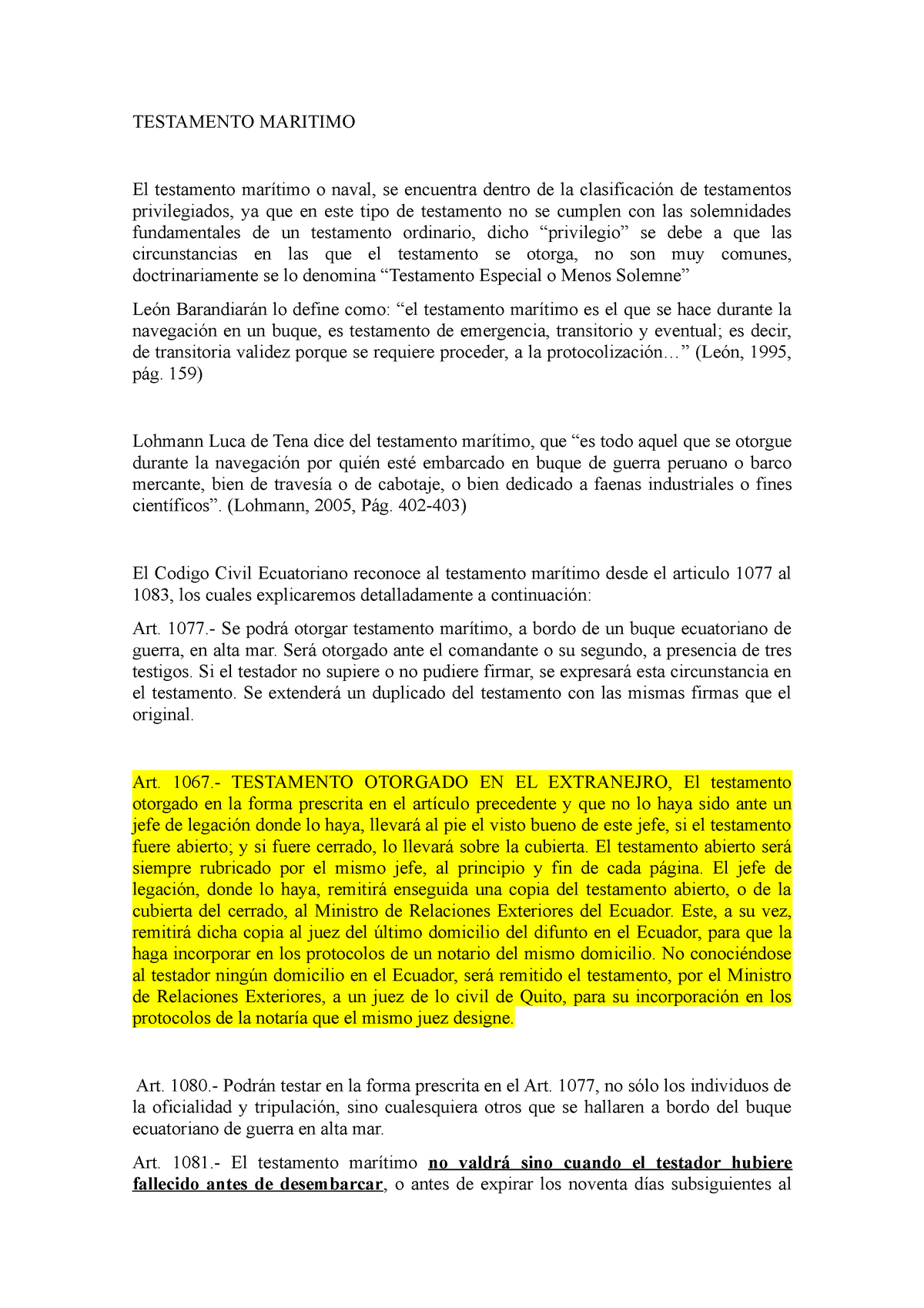 Testamento Maritimo - TESTAMENTO MARITIMO El testamento marítimo o naval,  se encuentra dentro de la - Studocu