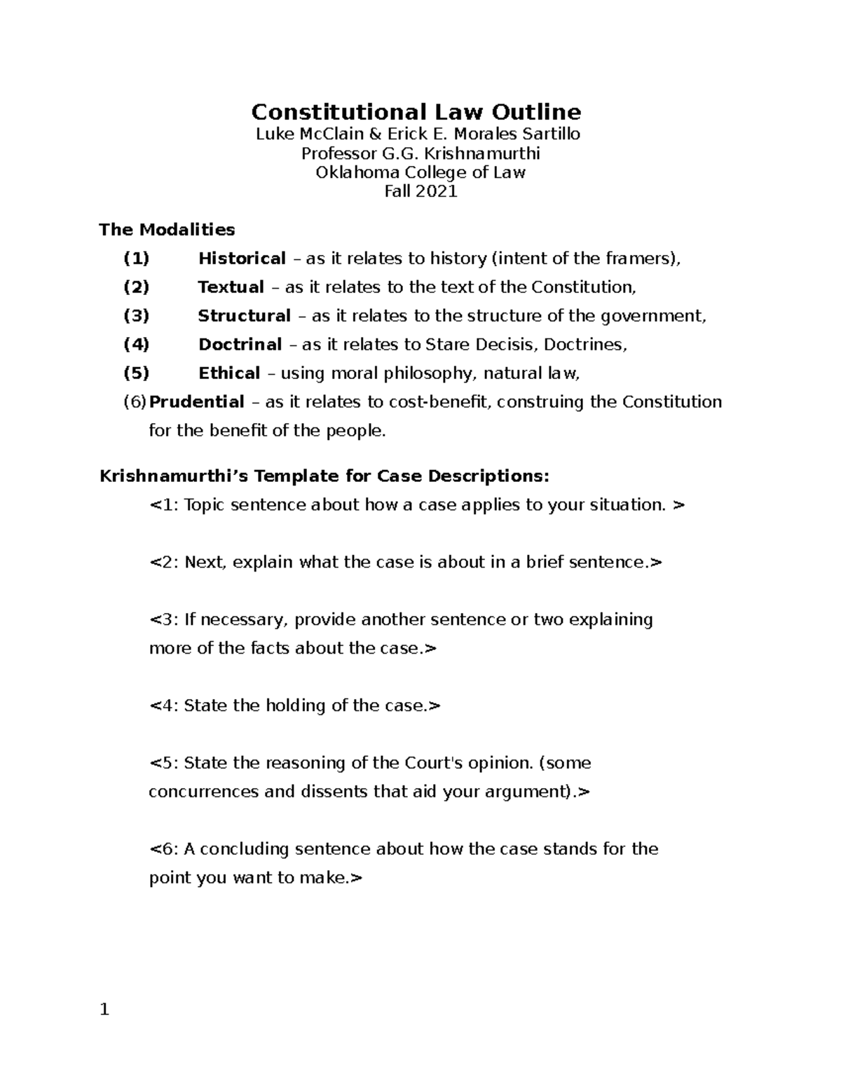 Final Con Law Outline - For Krishnamurthi - Constitutional Law Outline 