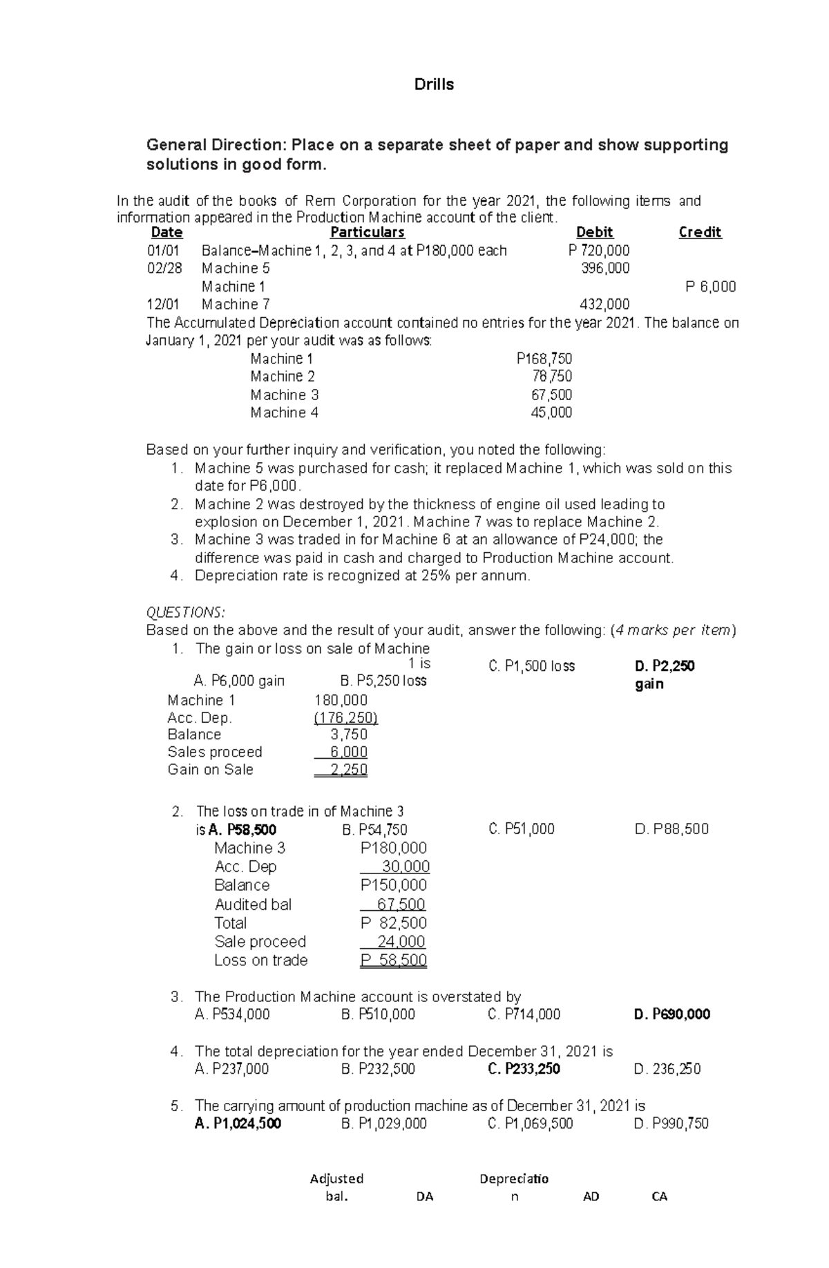 Depreciation and Depletion - Drills General Direction: Place on a ...