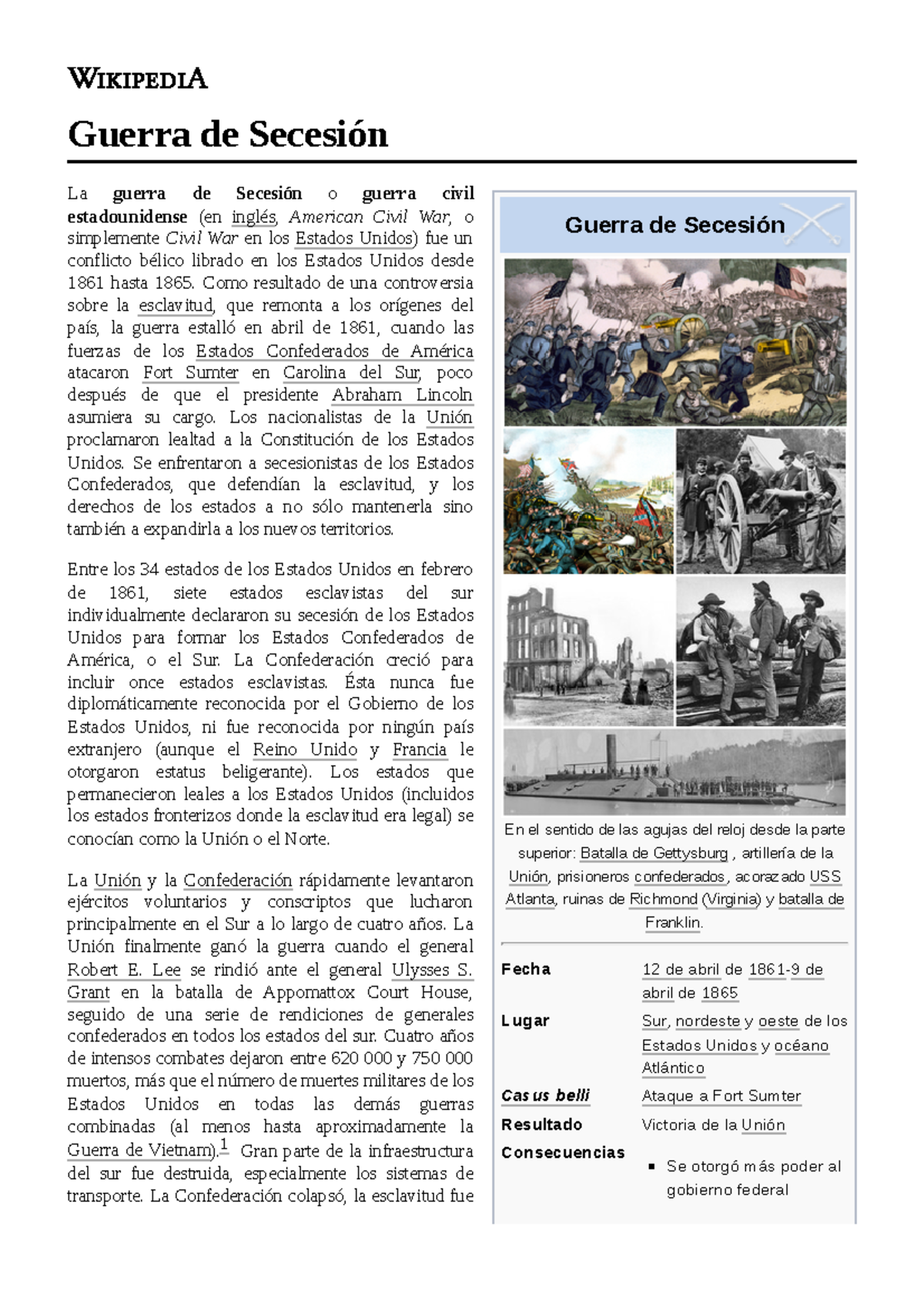 Guerra de Secesión - El resumen es un escrito que sintetiza las ideas ...