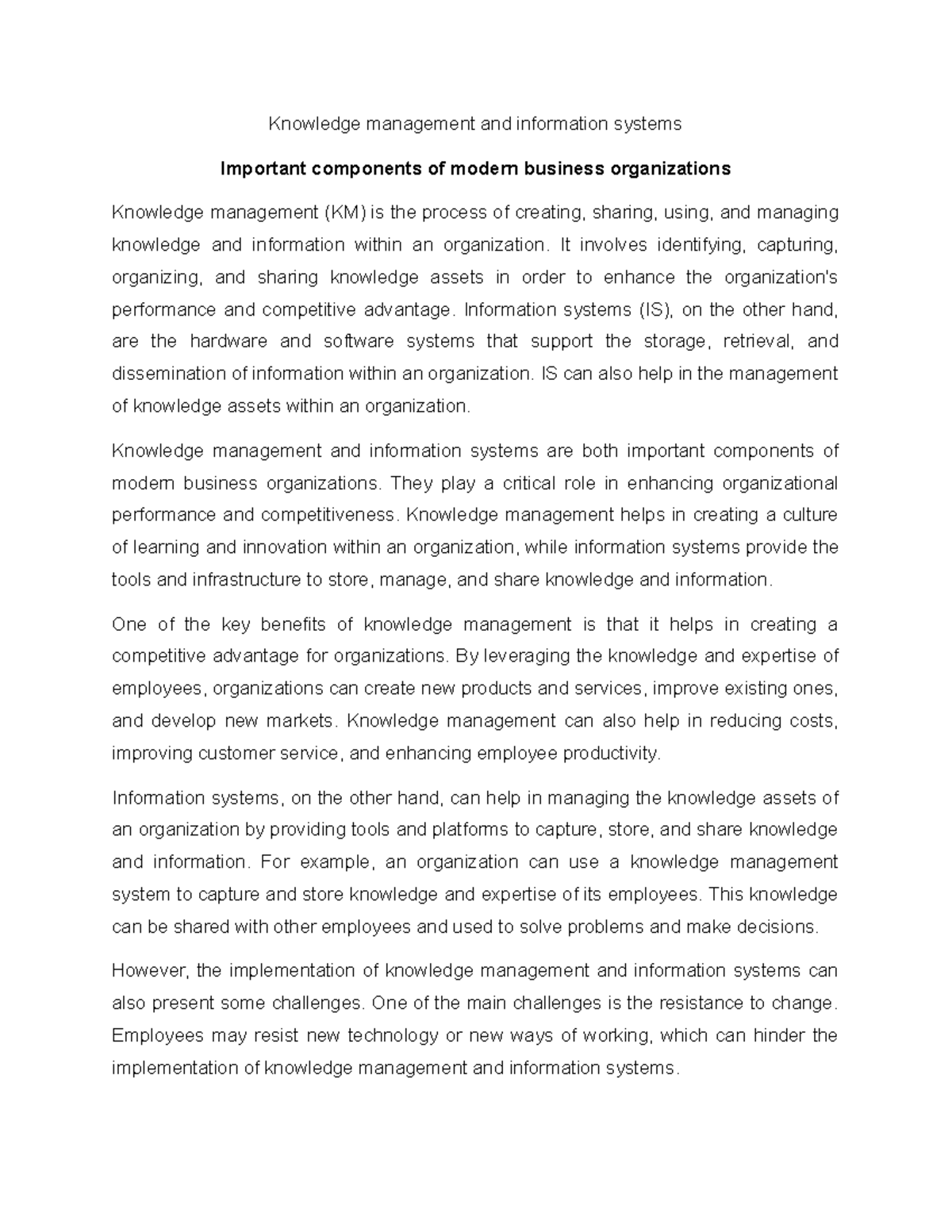Knowledge management and information systems - Important components of ...
