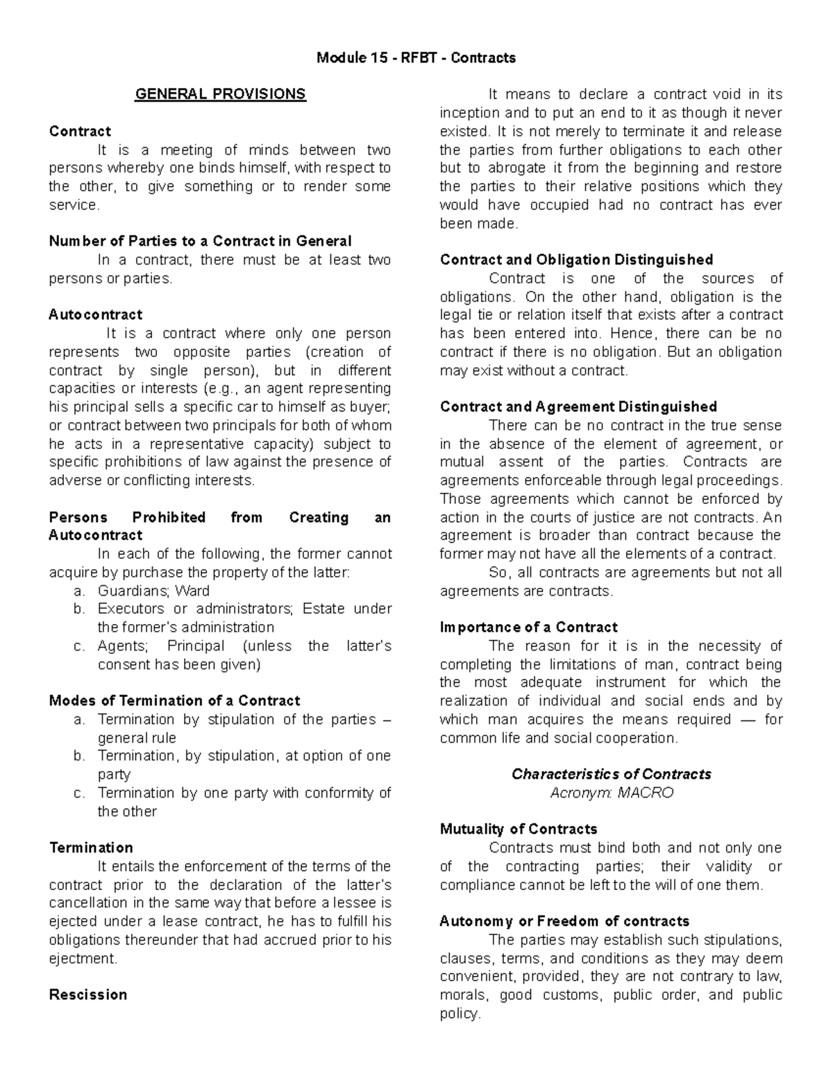 Module 15 - RFBT - Contracts - GENERAL PROVISIONS Contract It Is A ...