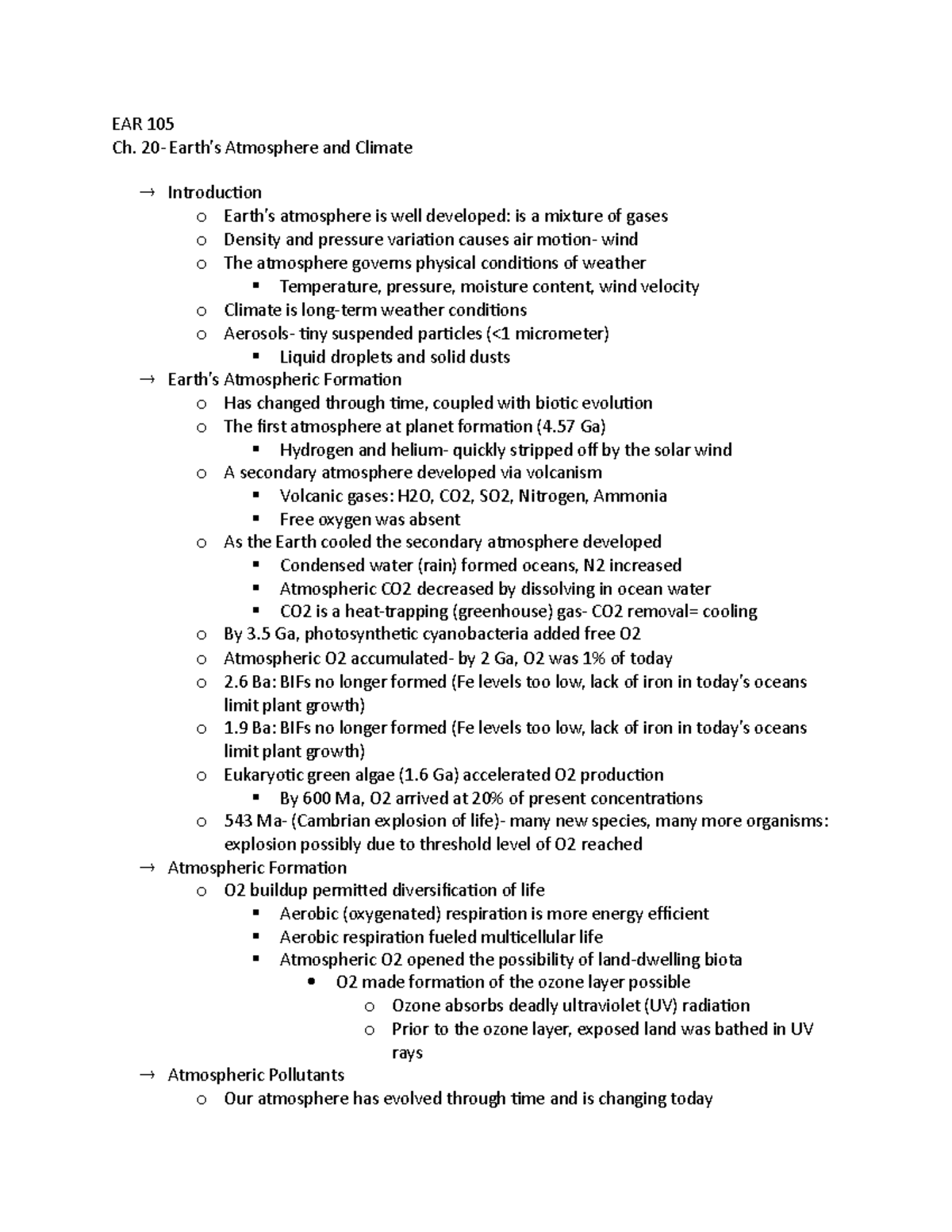 Ch. 20 - chapter 20 notes for Fitzgerald - EAR 105 Ch. Atmosphere and ...