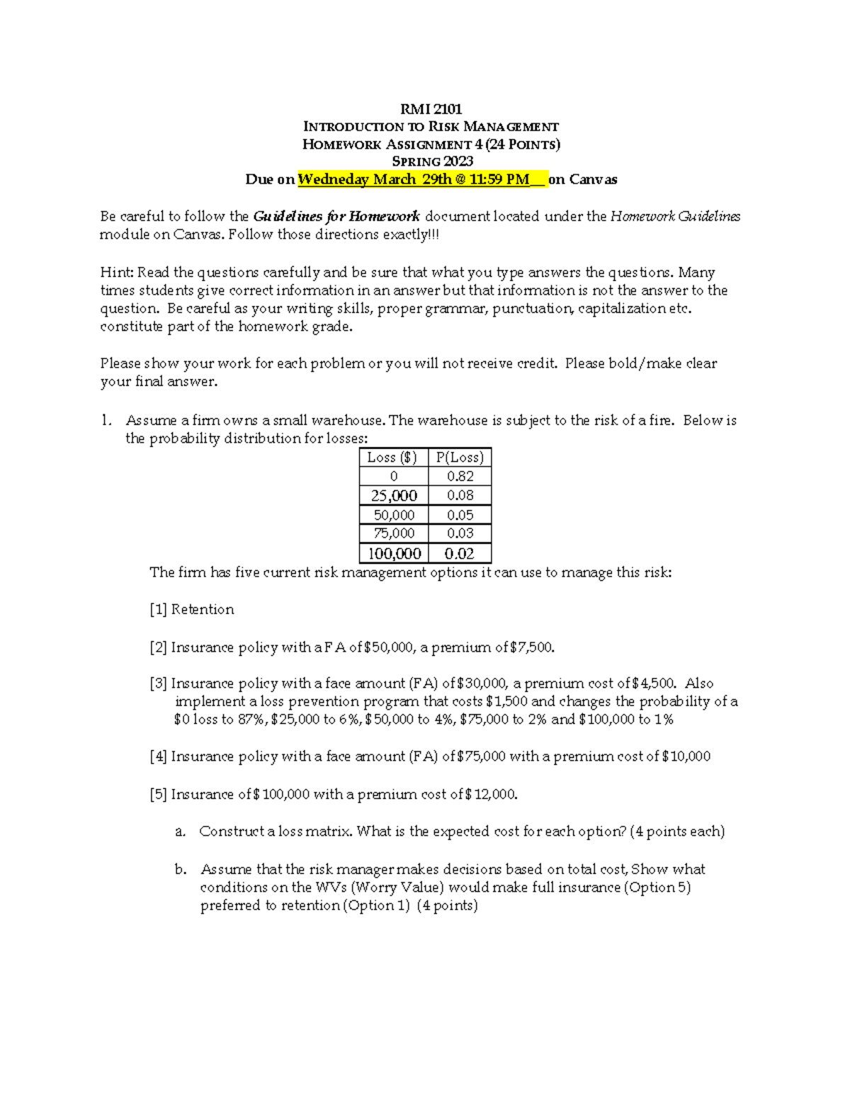 Spring 2023 RMI 2101 Homework #3 - RMI 2101 INTRODUCTION TO RISK ...