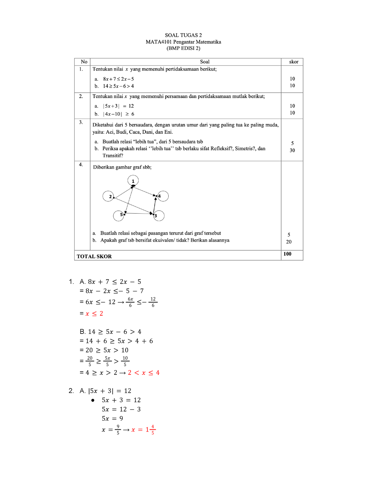 Tugas 2 MATA4101.35 - 1. A. 8𝑥 + 7 ≤ 2𝑥 − 5 = 8𝑥 − 2𝑥 ≤− 5 − 7 = 6𝑥 ≤− ...