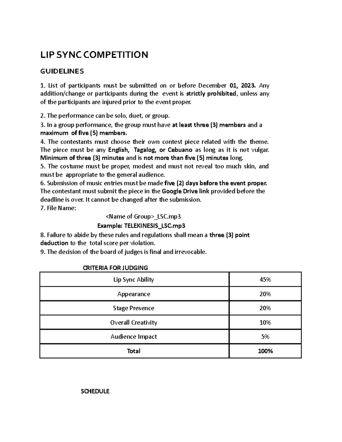 LIP SYNC Competition Guidelines LIP SYNC COMPETITION GUIDELINES List