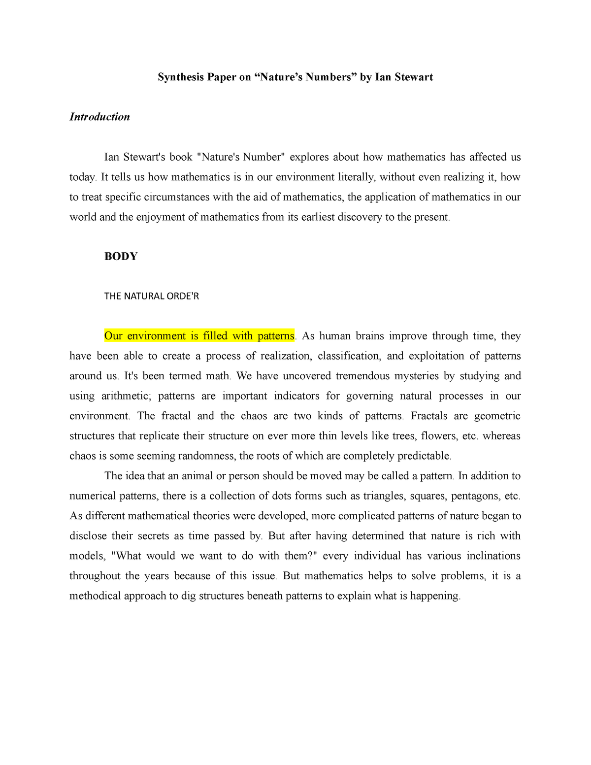 synthesis paper about nature's number chapter 1