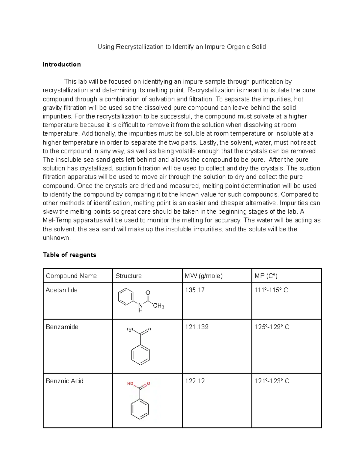 CHEM 2211L Pre-lab 1 - Pre Lab - Using Recrystallization To Identify An ...