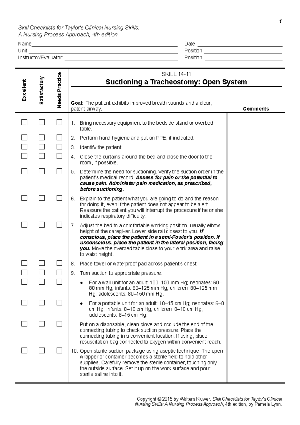 Skill 14.11.doc Trach Suctioning Open - 1 Skill Checklists For Taylor's ...