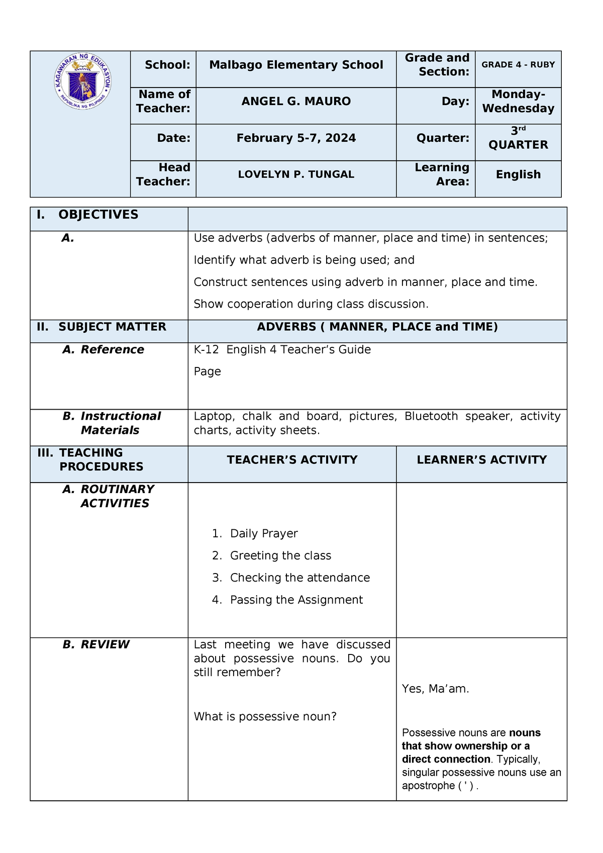 Detailed Lesson Plan In English Grade 9 Adverb Lesson Plan 0704