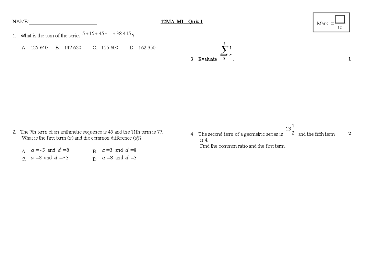 12MA-M1 Quiz 1 - These are mathematics past papers on topic 1 of HSC ...