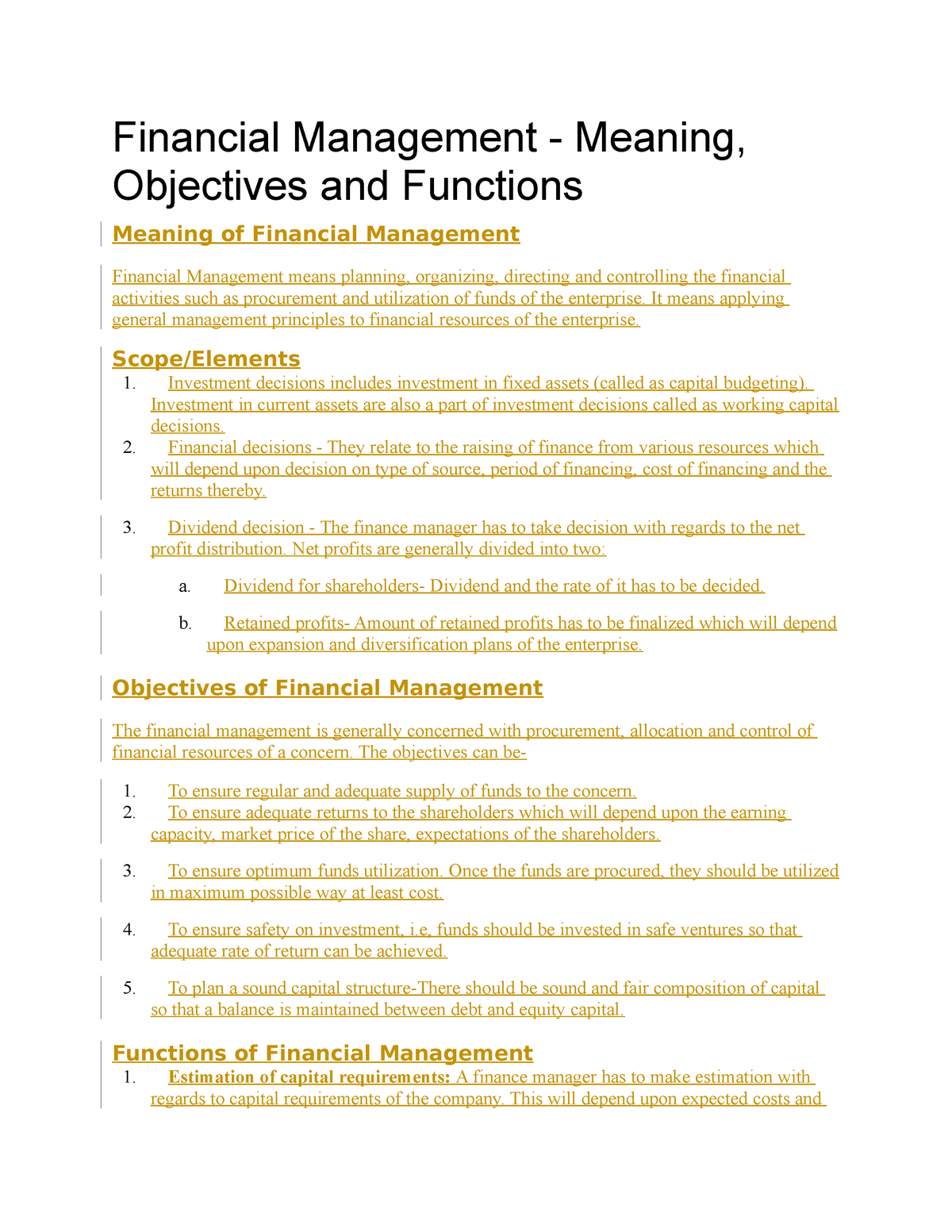 Financial Management Meaning Objectives And Functions Financial 