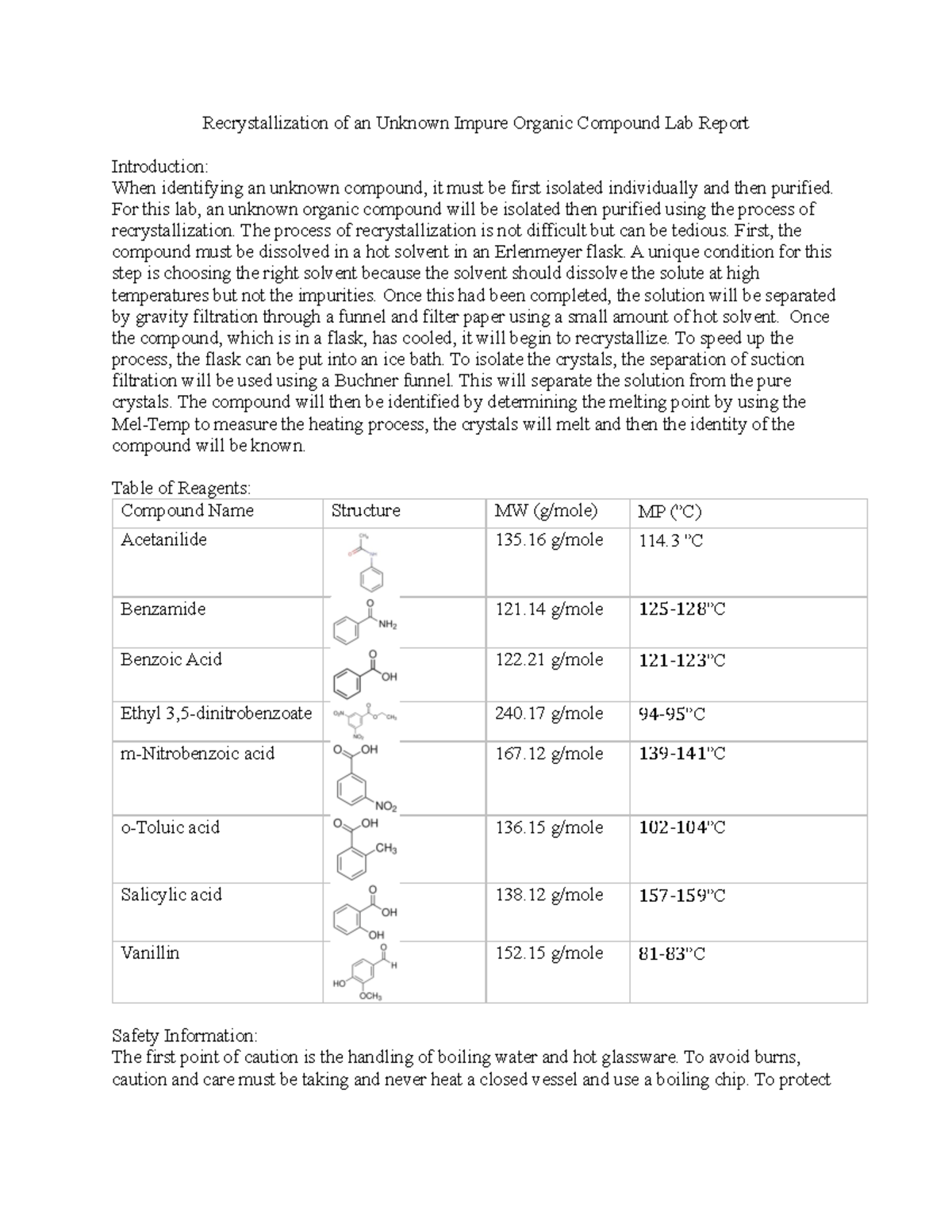 Experiment 1 - Recrystallization - Recrystallization Of An Unknown ...