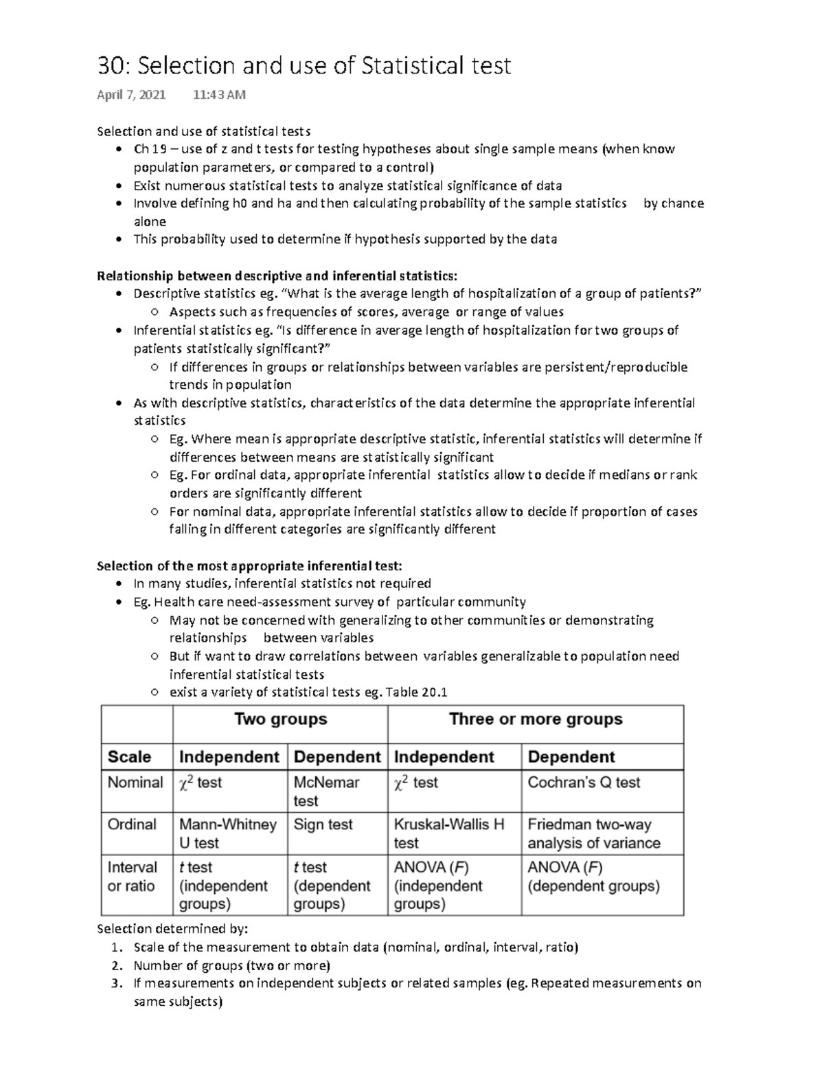 NUTR 305 30- Selection and use of Statistical test - ^ĞůĞĐƚŝŽŶ ĂŶĚ ƵƐĞ ...