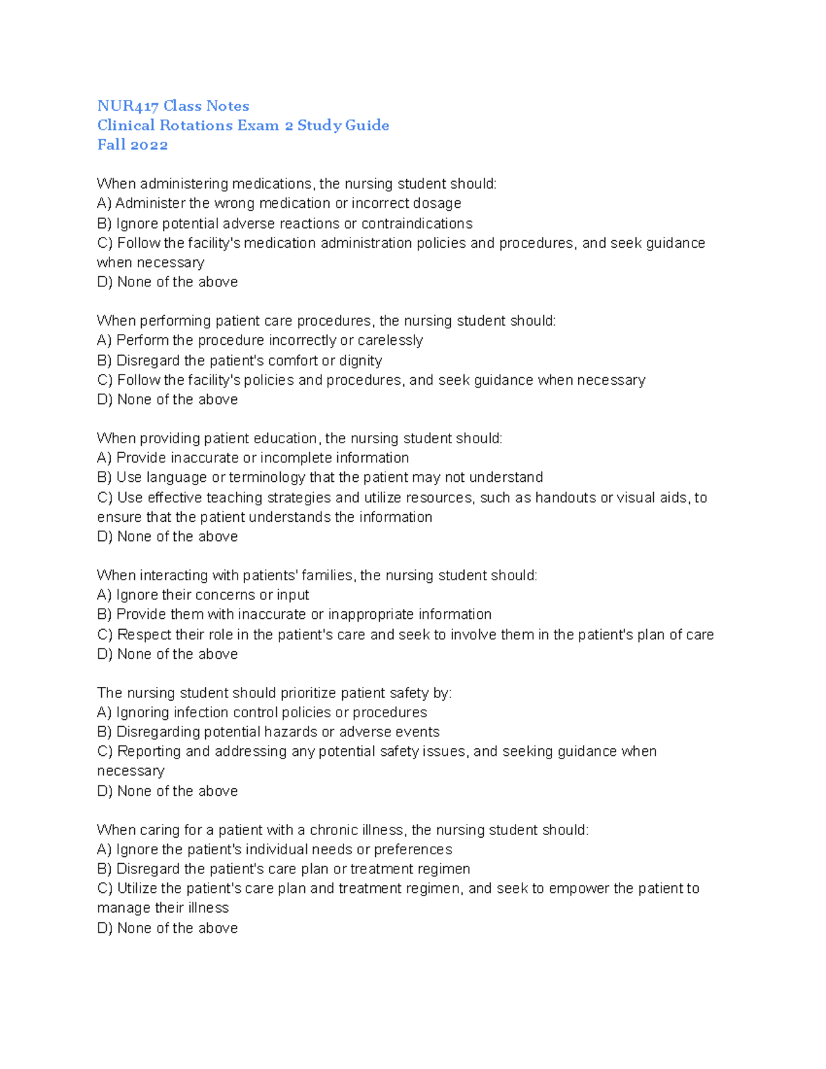 NUR417 Clinical Rotations Exam 2 NUR417 Class Notes Clinical