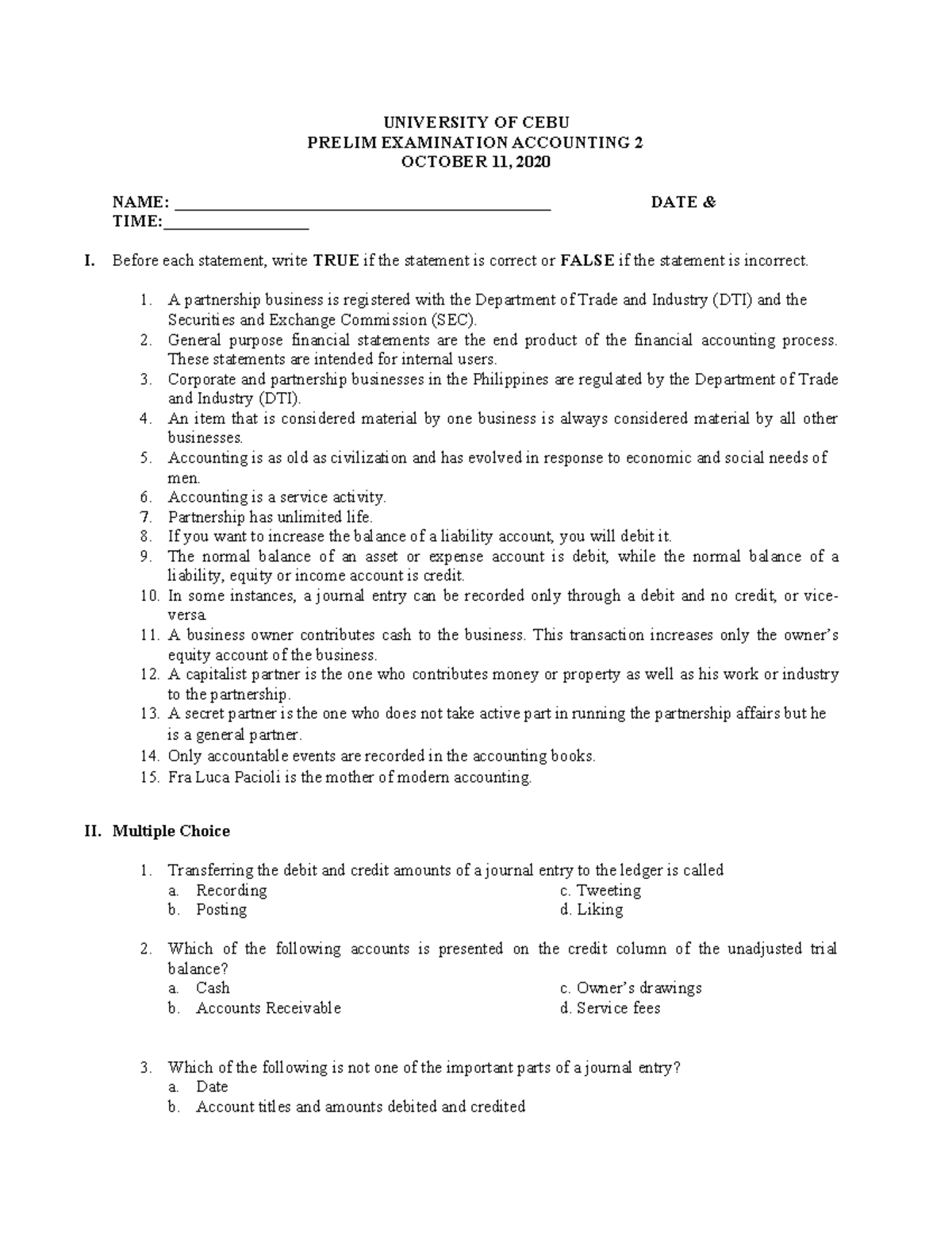 Prelim EXAM Accounting 2 - UNIVERSITY OF CEBU PRELIM EXAMINATION ...