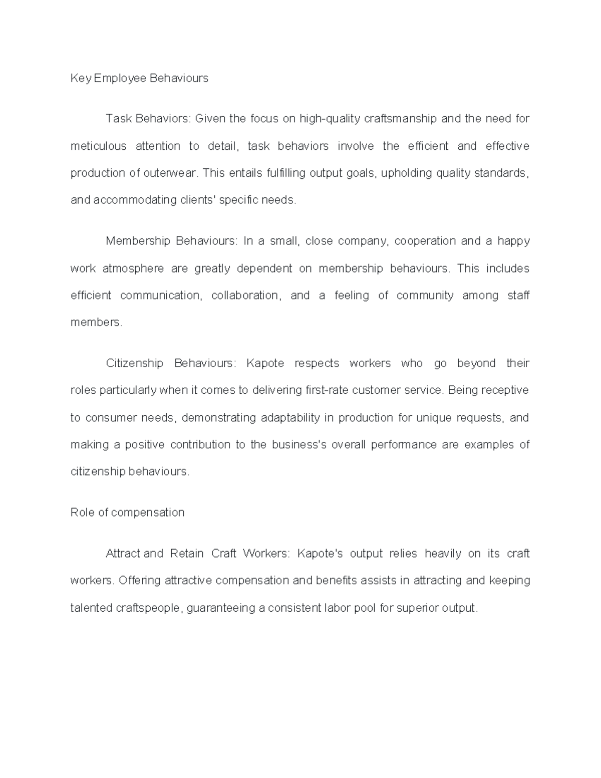 Raw group project 1 - Key Employee Behaviours Task Behaviors: Given the ...