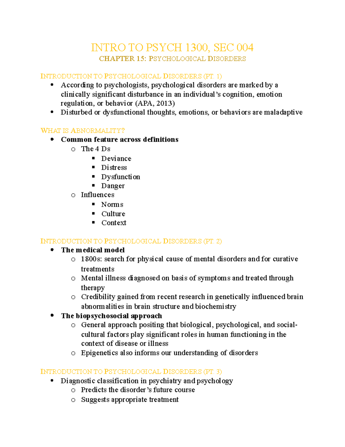 Psych Notes, Ch. 15 - INTRO TO PSYCH 1300, SEC 004 CHAPTER 15 ...