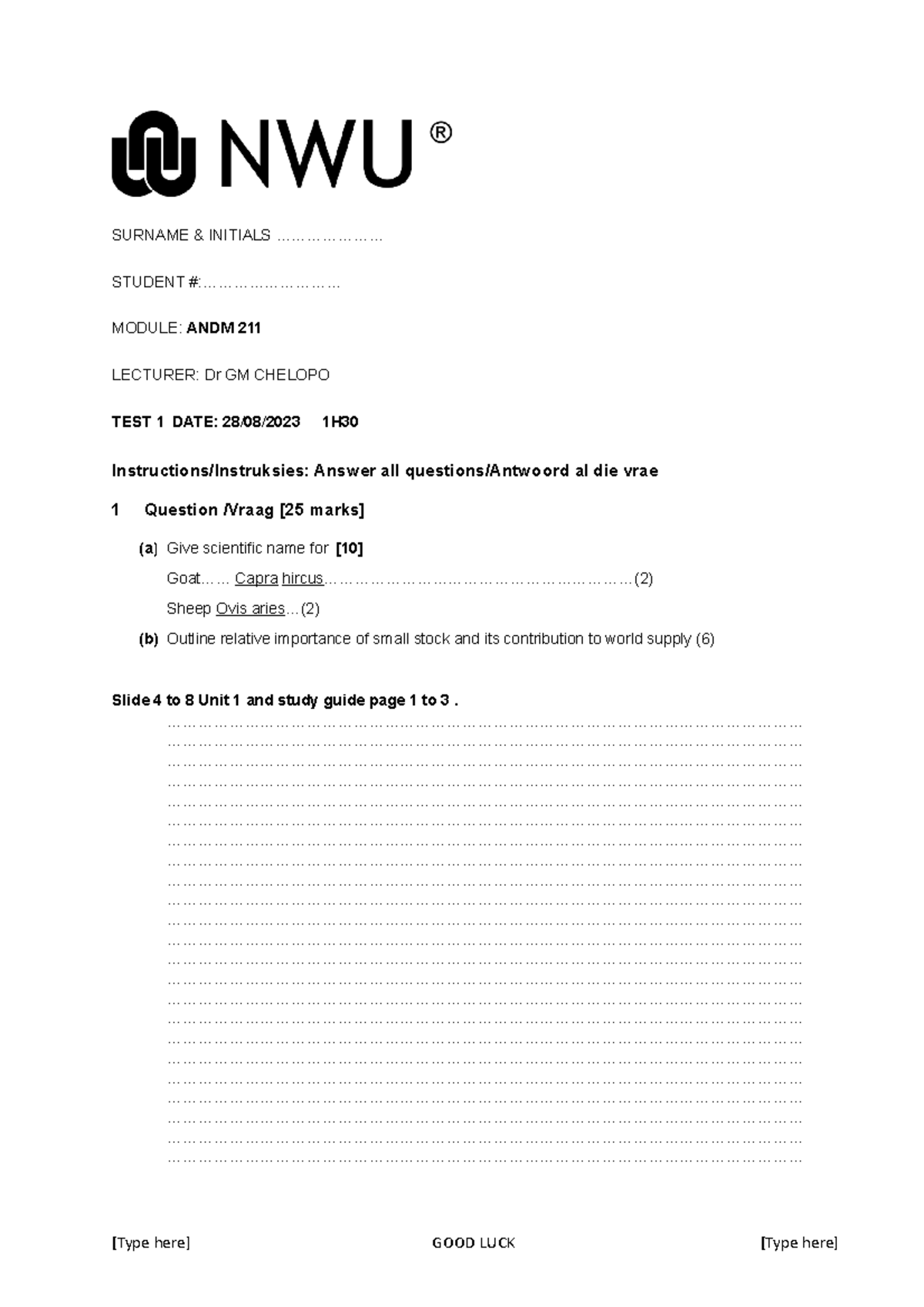 TEST 1 M - SURNAME & INITIALS ..................... STUDENT