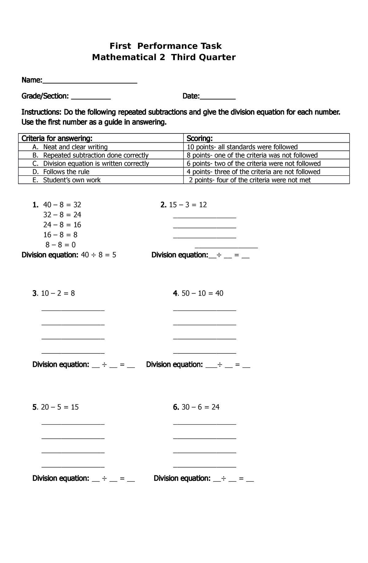 Matematika 2 - Excellent - First Performance Task Mathematical 2 Third 