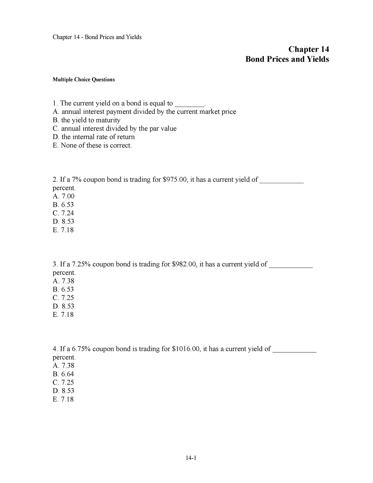 Chapter 14 Bond Prices And Yields - Chapter 14 Bond Prices And Yields ...