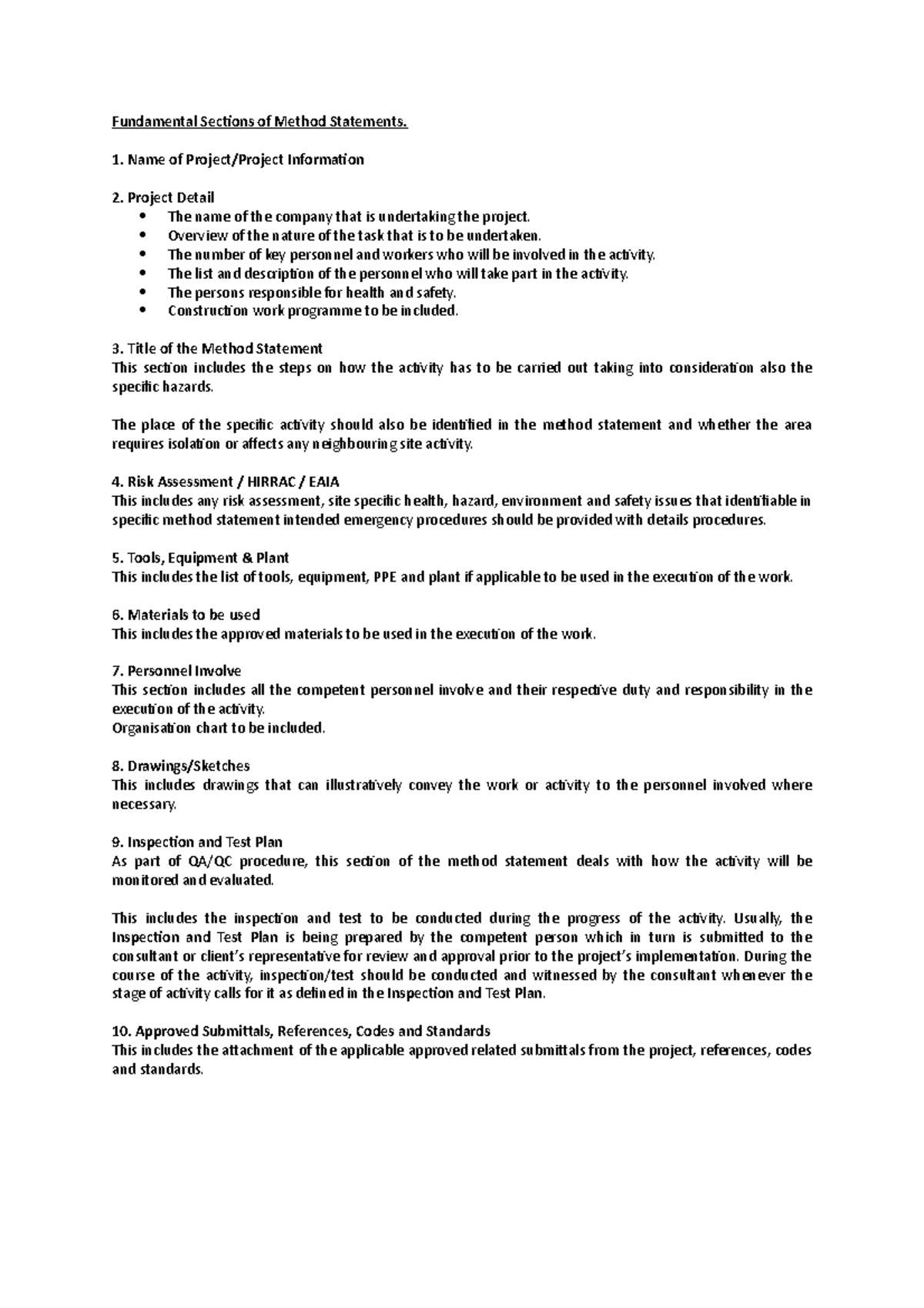 Fundamental Sections of Method Statements SITE - Name of Project ...