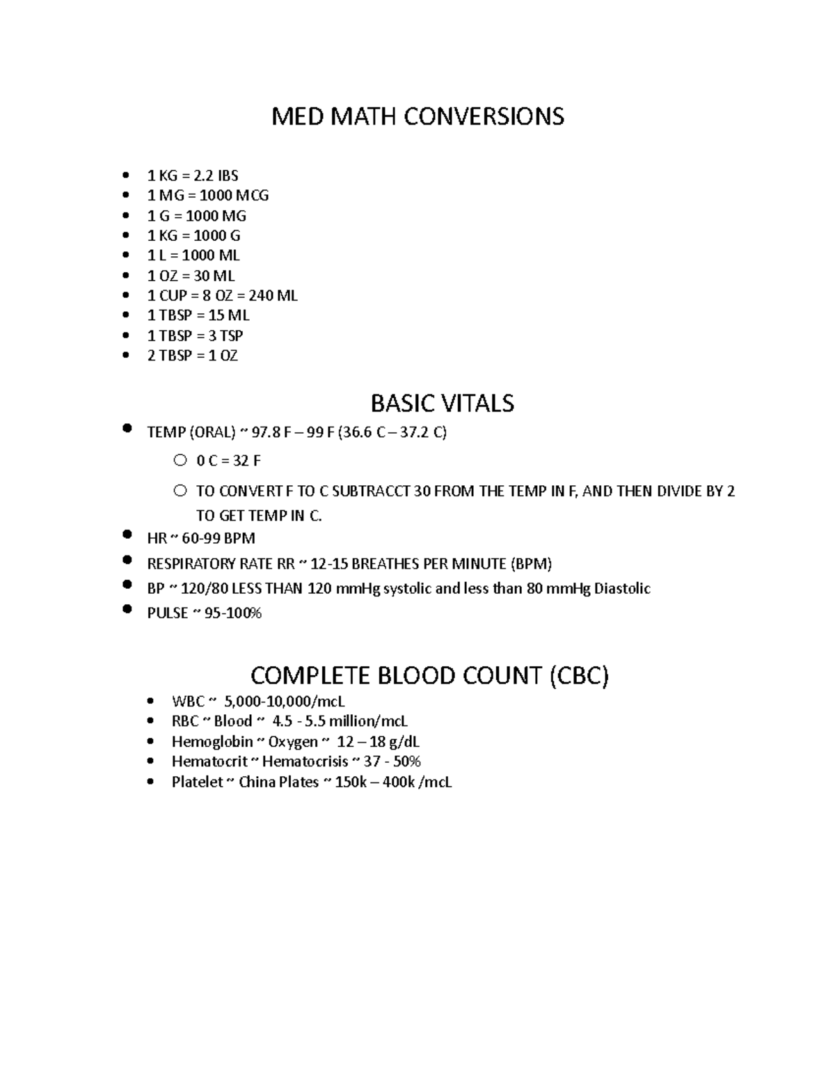 MED MATH Conversions notes for quizes MED MATH CONVERSIONS 1 KG = 2