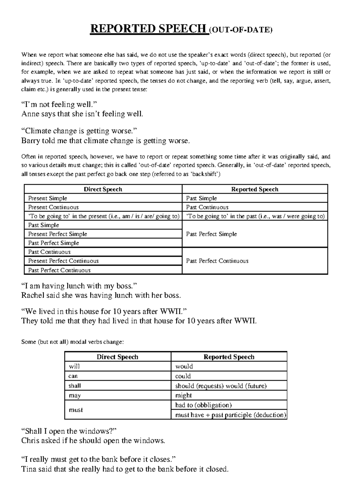 Reported Speech - teoria + esercizi - REPORTED SPEECH (OUT-OF-DATE ...