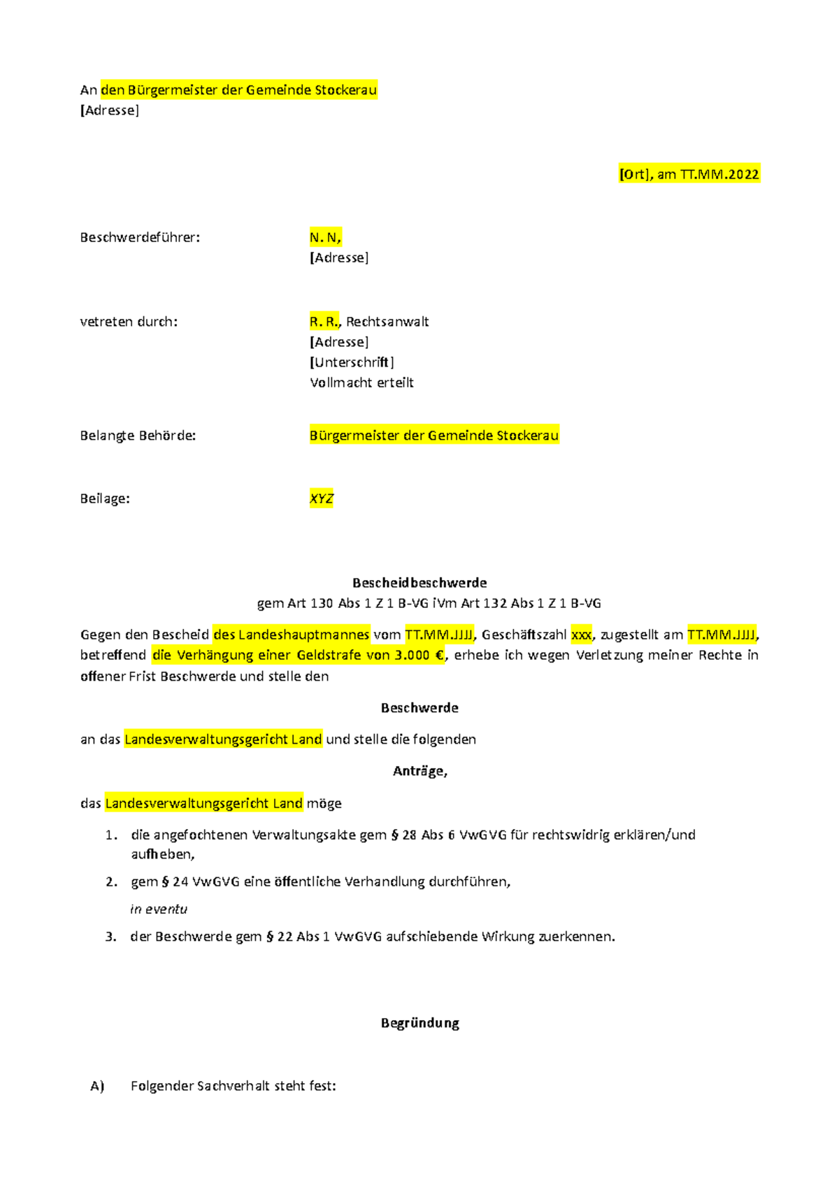 Schriftsatz Bescheidbeschwerde - An den Bürgermeister der Gemeinde ...