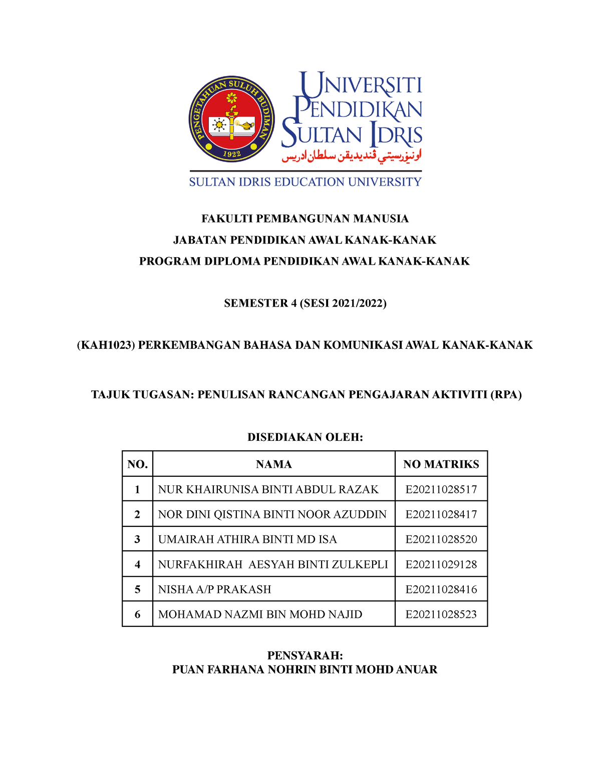 RPA KAH1023-2 - Contoh Rancangan Pengajaran Aktiviti Mengenai Bahasa ...