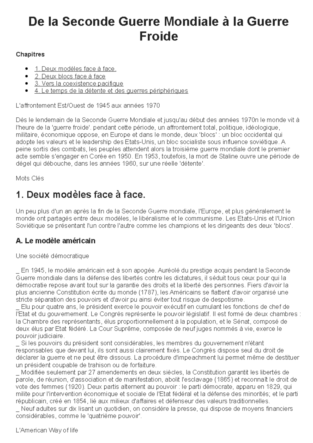 De la Seconde Guerre Mondiale à la Guerre Froide De la Seconde Guerre