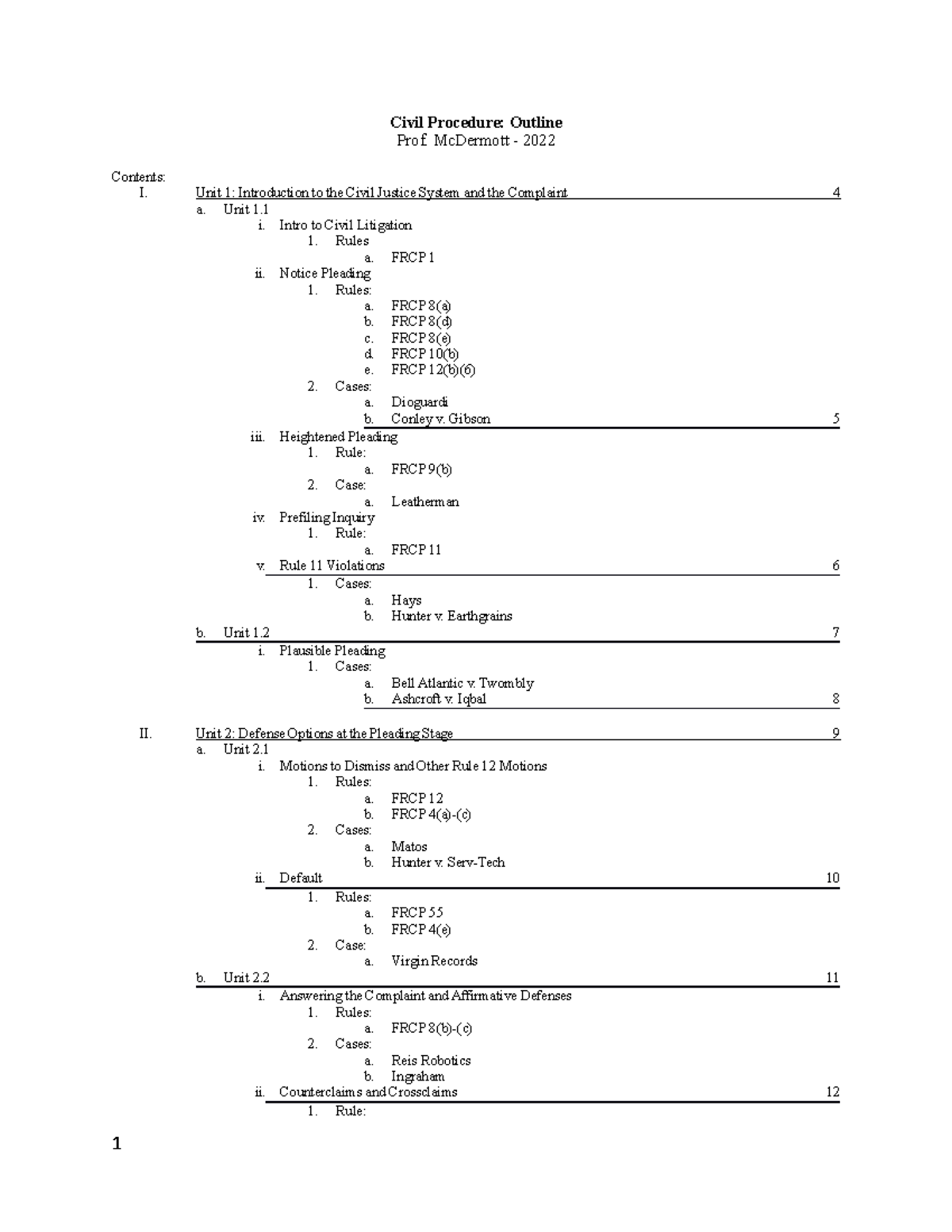 Civil Procedure - Outline - Civil Procedure: Outline Prof. McDermott ...