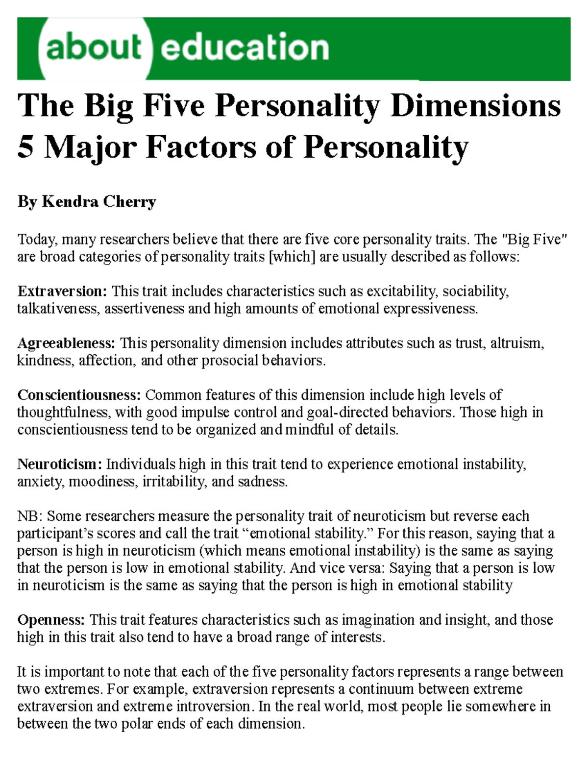 Cherry About Five Factor No Date - The Big Five Personality Dimensions ...